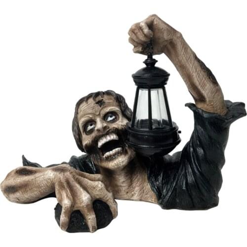 Hideous Zombie Statue with Lantern Light Resin Garden Sculpture Outdoor Patio Yard Lawn Decoration Halloween Party Prop
