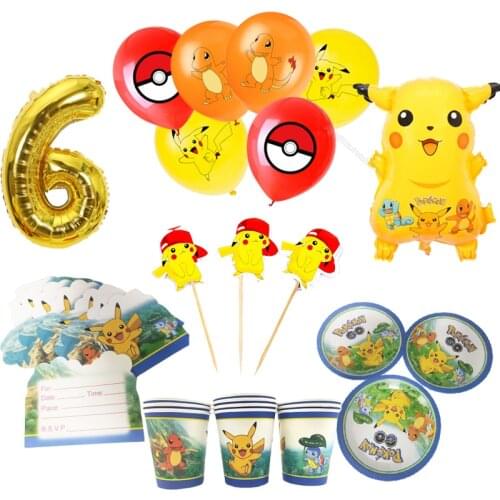 Pikachu Birthday Party Supplies Pokemon Ballon Disposable Cup Plate Invite Card Digital Character Balloon Children Boy Girl Gift