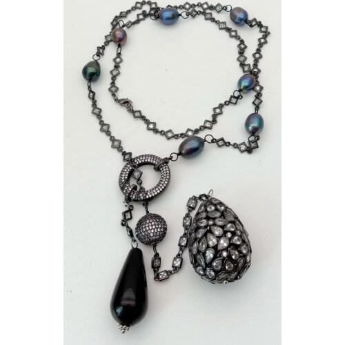 YYGEM 34''cubic zirconia micro pave Teardrop Pendant Black Rice freshwater Pearl Onyx Cz Pave Chain Long Sweater chain Necklace