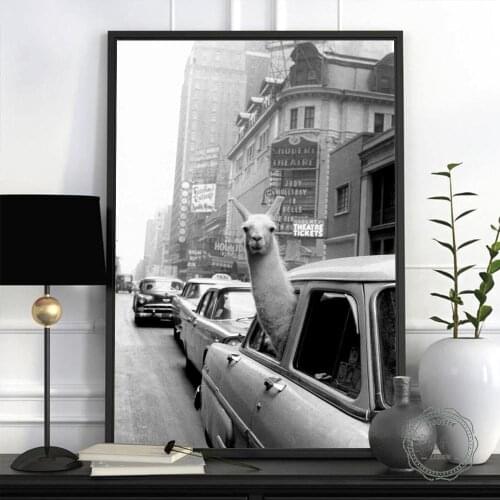 Funny Canvas Painting Alpaca Llama In a New York City Taxi Animal Prints and Posters Wall Art Pictures for Kid Bedroom Dormitory