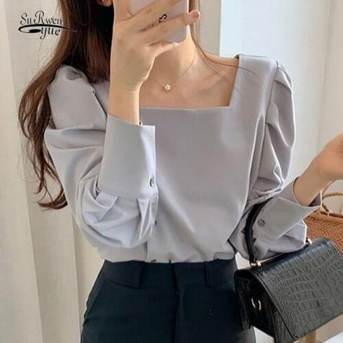 Vintage Square Collar Slim Korea Chic Clavicle Lantern Long Sleeve Shirt Blouse Single-breasted Solid Casual Blouse Women 12385