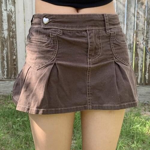 Y2K Grunge Low Waisted Denim Pleated Skirts Vintage Brown Pockets Mini Skirt Women Kawaii Harajuku Korean Preppy Style Clothes