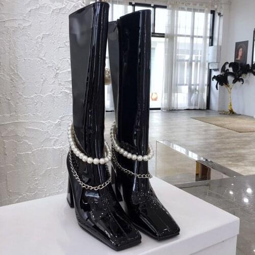 Autumn and winter 2020 new patent leather boots womens pearl chain square head knee high heel thick heel Knight boots