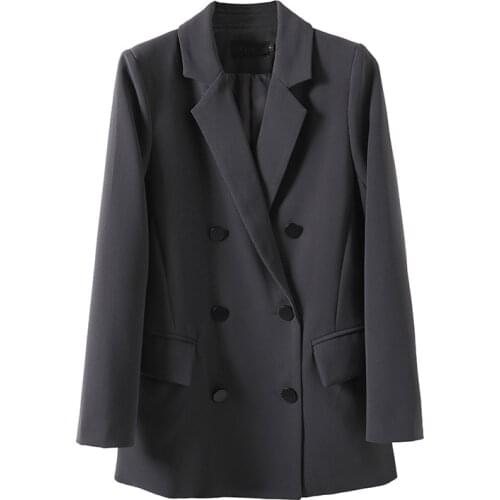 Fashion Formal Tailored Collar Double Breasted Women Suit Black Business Top Jacket Mid-Length Slim Cotton Spring Summer Coat