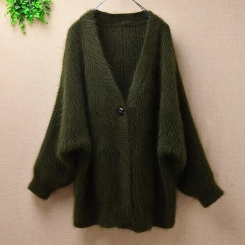 Womens one button cardigan jacket rabbit fur coat knit mink cashmere sweater V-neck mature sweater pure fluffy thick coat