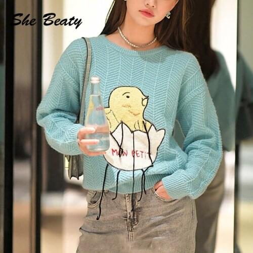 She Beaty Women Sweater Pullover 2021 Autumn Winter Clothes O-Neck Long Sleeve Cartoon Animals Tassel Pink Blue Casual Traf Tops