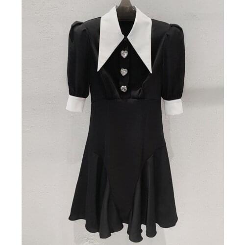 Women Black 2021 Spring Summer Womens Puff Sleeve Dress Retro Lapel Diamond Button Elegant Short Party Dresses