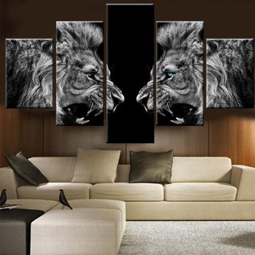 5 Pieces Wall Art Canvas Painting Animal Poster Black And White Two Lion Abstract Modular Picture Modern Living Room Decoration