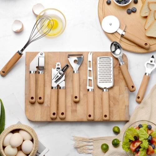 9-Piece Baking Cooking Tool Kit With Wooden Handle Whisk, Melon Grated Cheese Corkscrew Pizza Knife Garlic Press Kitchen Helper