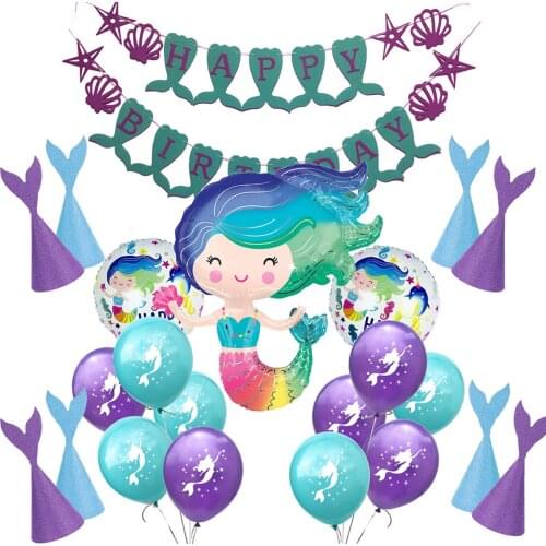 AMAWILL Blue Purple Mermaid Balloons Party Decorations Mermaid Happy Birthday Banner For Boy Girls Birthday Party Baby Shower