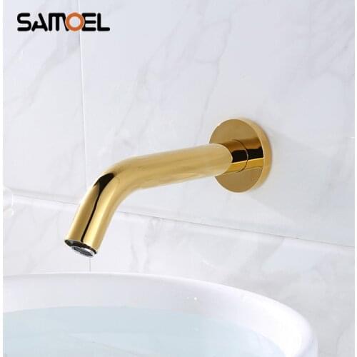 SUS304 Stainless Steel Wall Mounted Golden Automatic Bathroom Sink Faucet Touch Free Auto Sensor Basin Cold Water Tap S842