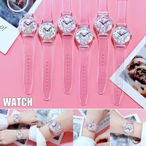 Women Girl Quartz Watch Cartoon Animal Dial Transparent Band Fashion Student Wrist Watch A66