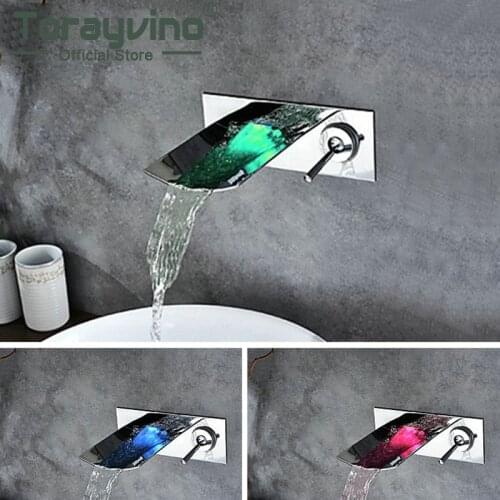 Bathroom Wall Mounted Faucet LED Wall Mounted Waterfall Bathroom Faucet Vanity Vessel Sinks Mixer Tap Cold And Hot Water Tap