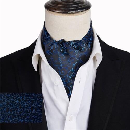 Ikepeibao Mens Luxury Royal Blue Floral Cravat Silk Ascot Scarf Tie Pocket Square Set
