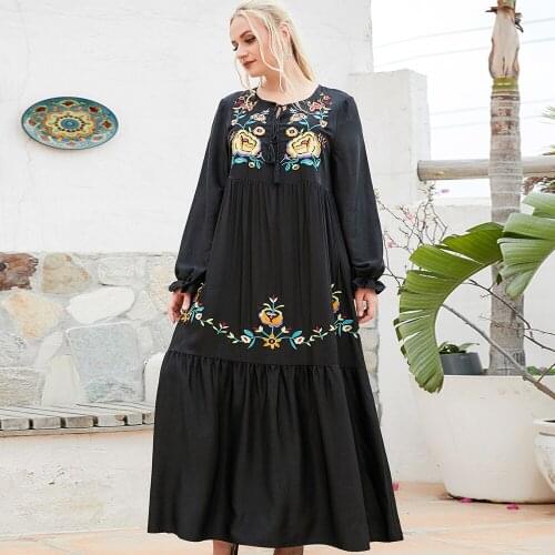 Islamic Dubai Ethnic Middle East Clothing Maxi Dress for Women Embroidery Eid Ramadan Loose Abaya Muslim Long Sleeve Arabic Oman