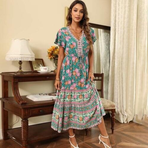 Jastie 2021 Vintage Floral Print Women Dresses V-Neck Short Sleeve High Waist Ruffle Maxi Dress Summer Casual Beach Party Robe
