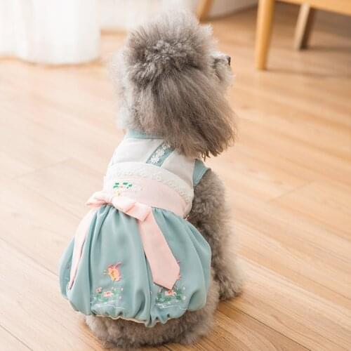 Chinese Traditional Style Hanfu Pet Dog Dressed Cat Clothes Summer Floral Embroidered Dog Skirt Cat Dress for Puppy Kitten