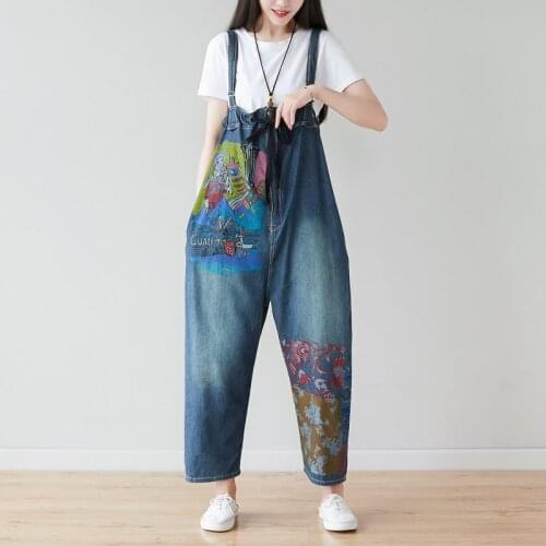 Women Thin Denim Jumpsuits Printed Loose Wide Leg Bib Denim Overalls Drop Crotch Denim Rompers Plus Size Baggy Cowboy Bodysuits