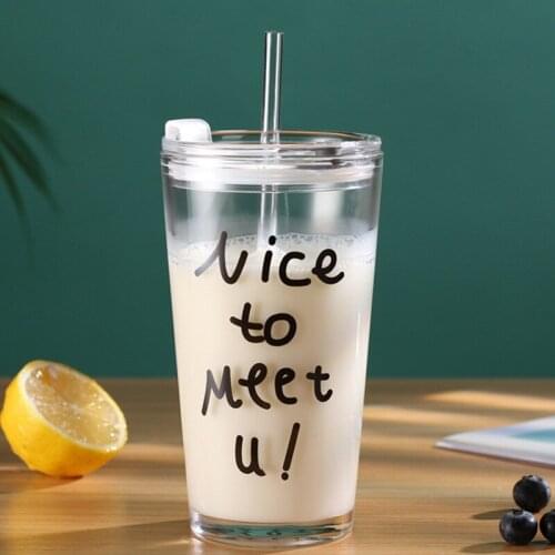 2 Styles Ins Reusable Glass Heat resistant Iced Tumbler Travel Mug with Straw Ice Cold Drink Coffee Juice Tea Cup Lead-free