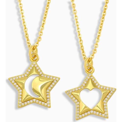 FLOLA Gold Vermeil Star And Moon Necklace For Women CZ Stone Heart Pendant Necklace Wholesale Jewelry accesorios mujer nkeu16