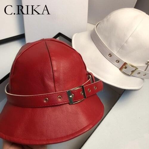 New PU Leather Women Bucket Hat Autumn Winter Outdoor Lady Girl Fashion Belt Buckle Fisherman Hat Bob Waterproof Rain Hat Panama