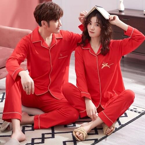 Pure Cotton Couple Pajamas Women Autumn Long-sleeved Festive Red Wedding Mens Cardigan Lapel Home Service Suit