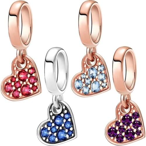 Fit Original Pandora Charms Bracelet Red CZ Blue Zircon Purple Crystal Heart Pendant DIY Jewelry for Women Love Rose Dangle Bead