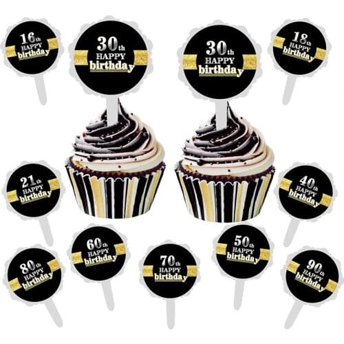 6pcs Black Gold Cake Topper Sticker Birthday Party Decor For Adult 16/18/30/40/50/60 Dessert Table Cake Insert Sticker Birthday