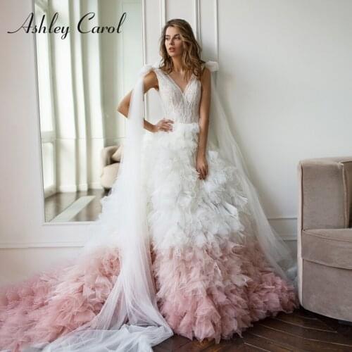 Ashley Carol Tulle Wedding Dress 2021 Sexy V-neckline Lace Bride Dresses Illusion Backless A-Line Wedding Gowns Vestido De Noiva