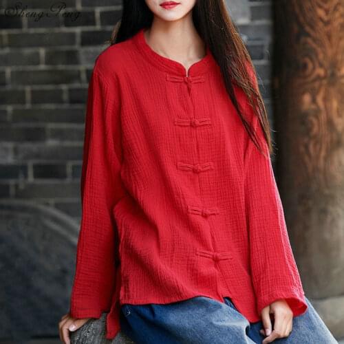Traditional chinese blouse shirt tops for women mandarin collar oriental linen shirt blouse female elegant cheongsam top Q792