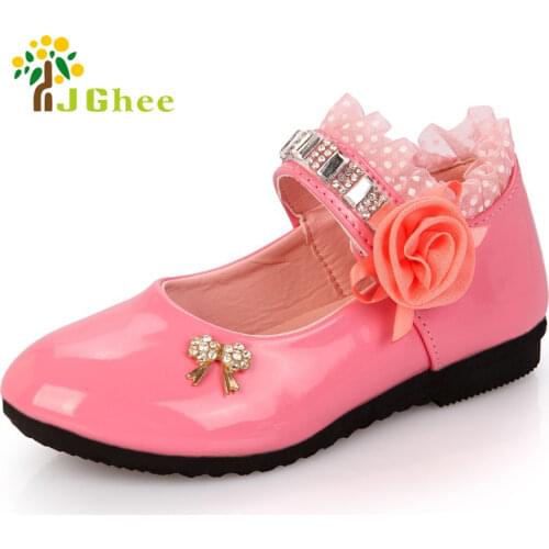 J Ghee Spring Autumn New Fashion Girls Shoes Patent PU Leather Rhinestone Beading Floral Lace Princess Kids Single Shoes 4 Color