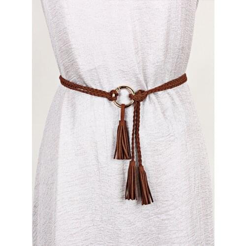 Women Golden Metal Round Buckle Knitted Tassel Braided Waistband Belt Twist Weaving Knot Rope for Dresses Brown Black String