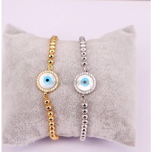 10PCS Zyunz Jewelry Micro Pave Clear CZ Crystal Round Shell Eye Connector With 4mm Round Loose Beads Chain Adjustable Bracelet