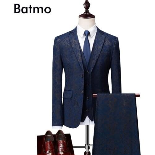 Batmo 2020 new arrival high quality print casual suits men ,mens casual printed blue suits ,jacket+pants+vest 991