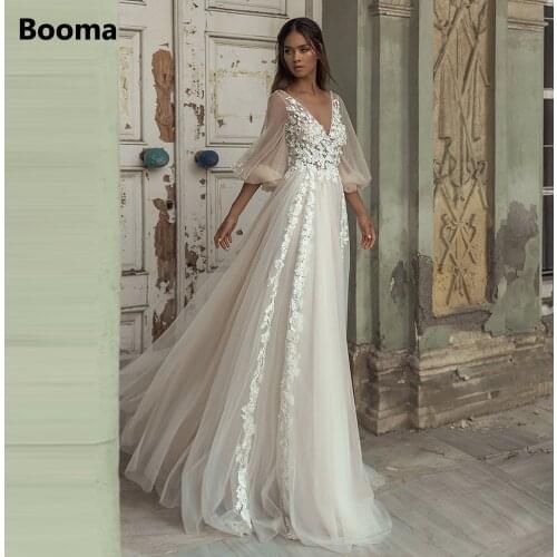 Booma Long Puff Sleeves Beach Wedding Dresses V-Neck Lace Appliques Princess Bridal Gowns Open Back A-Line Tulle Bride Dresses