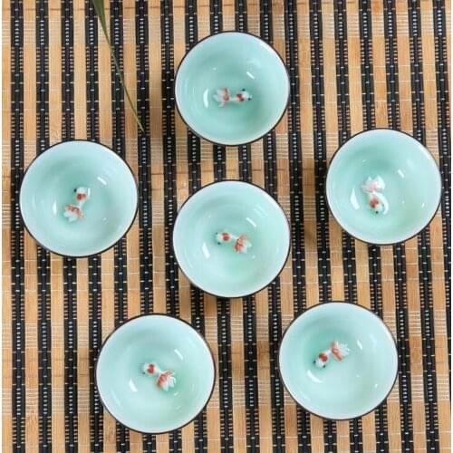 6PC Longquan celadon ceramic bowl ceramic tea cup blue goldfish 45CC