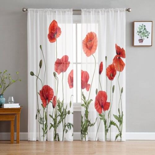 Red Corn Poppy Flower Curtain Window Tulle For Living Room Bedroom The Kitchen Window Treatment Decorations Curtains