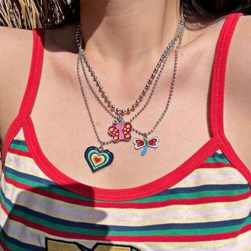 Multi-layer Rainbow Heart Choker Necklace For Women 2021 Colorful Pendant Necklaces Chain Korean Fashion Jewelry Couple Jewelry