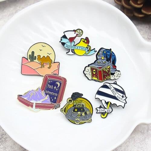 Fashion Umbrella Drink Coffee Desert camel Enamel Pin Banner The Rain Won't Stop Me,INSPIRATION Wizard Hat Brooch Badges Jewelry