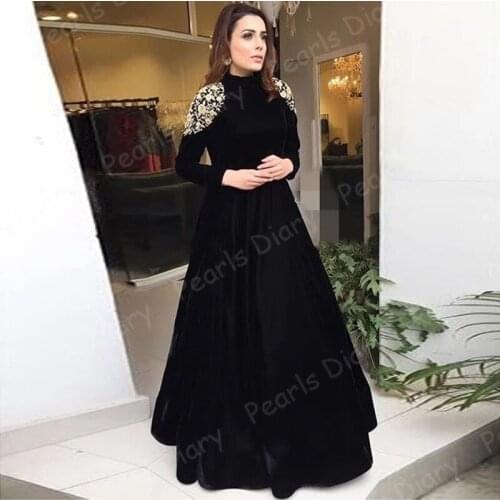 Muslim Evening Dresses O-Neck Appliques Velvet Long Sleeves Party Gowns Arabic Prom Dress Party Gown Dubai Morocco Kaftan 2021