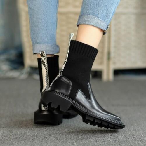 Autumn Women Shoes Retro Round Toe Platform Boots Genuine Leather Ankle Boots Girls Boots womens platform heels Stretch boots