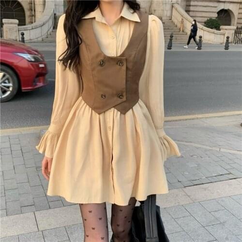 Dress Real Shot Spring New Retro Vest Short Jacket + Sweet A-line Slim Slim Dress Waist