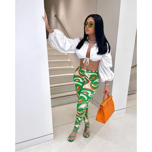 RMSFE 2021 Womens Long Sleeve Lapel Lantern Sleeve Fashion Casual Lace Up High Waist Pants Two Piece Set