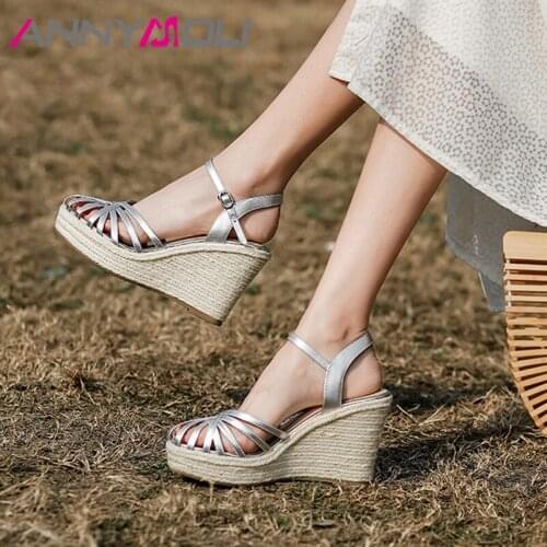ANNYMOLI Women Sandals Shoes Real Leather Sandals Wedges Super High Heel Sandals Espadrille Round Toe Ladies Footwear Summer