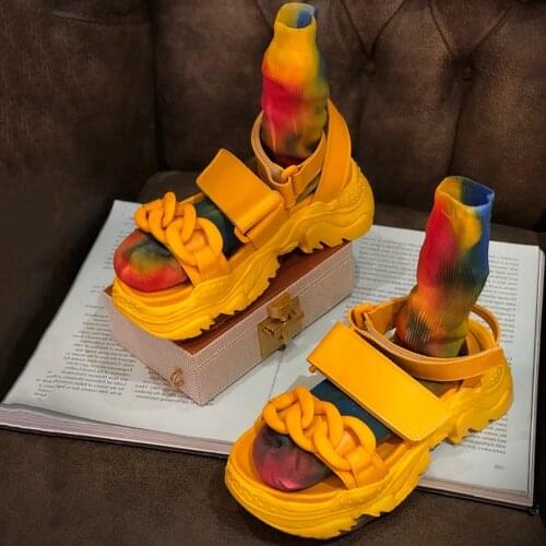 Womens Open Toe Chain Decor Sandals Platform Casual Shoes Hook Loop Summer 3Colors New 2021