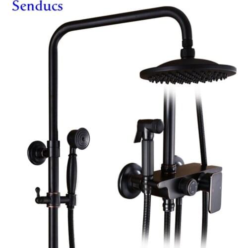 Senducs Black Shower Set Luxury Bathroom Shower System Of High Quality Brass Shower Set Black Top Shower Bathroom Chrome Set