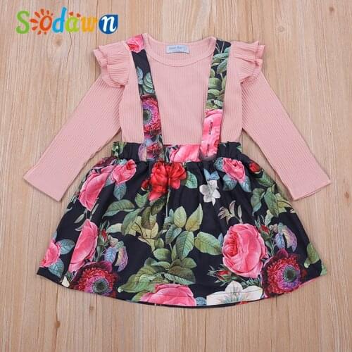 Sodawn Girls Sets 2020 Winter Autumn Long Sleeve + Flower Strap Dress 2Pcs Cute Children Clothes Outfit