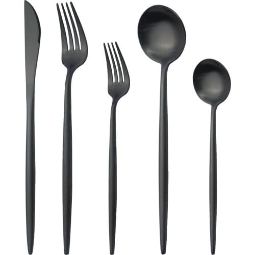 Western Kitchen Silverware Set 5Pcs Black Cutlery Set Matte Knife Forks Spoon Tableware Set 18/10 Stainless Steel Dinnerware Set