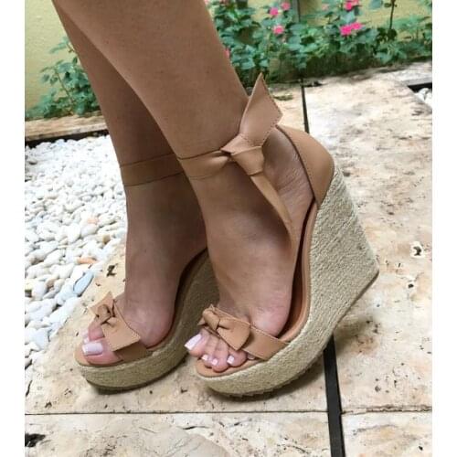 Moraima Snc Sexy Nude Leather Bowknot Plaform Wedge Sandals Open Toe Lace-up Rope Braided Gladiator Heels Woman Party Shoes