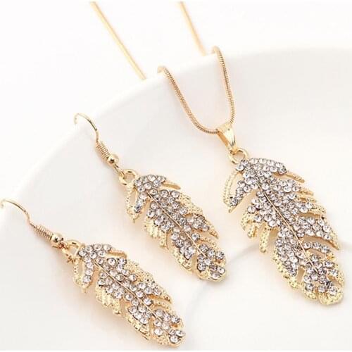 Women Rhinestone Inlaid Leaf Pendant Necklace Hook Earrings Vintage Party Jewelry Decor Accessory Set For Women